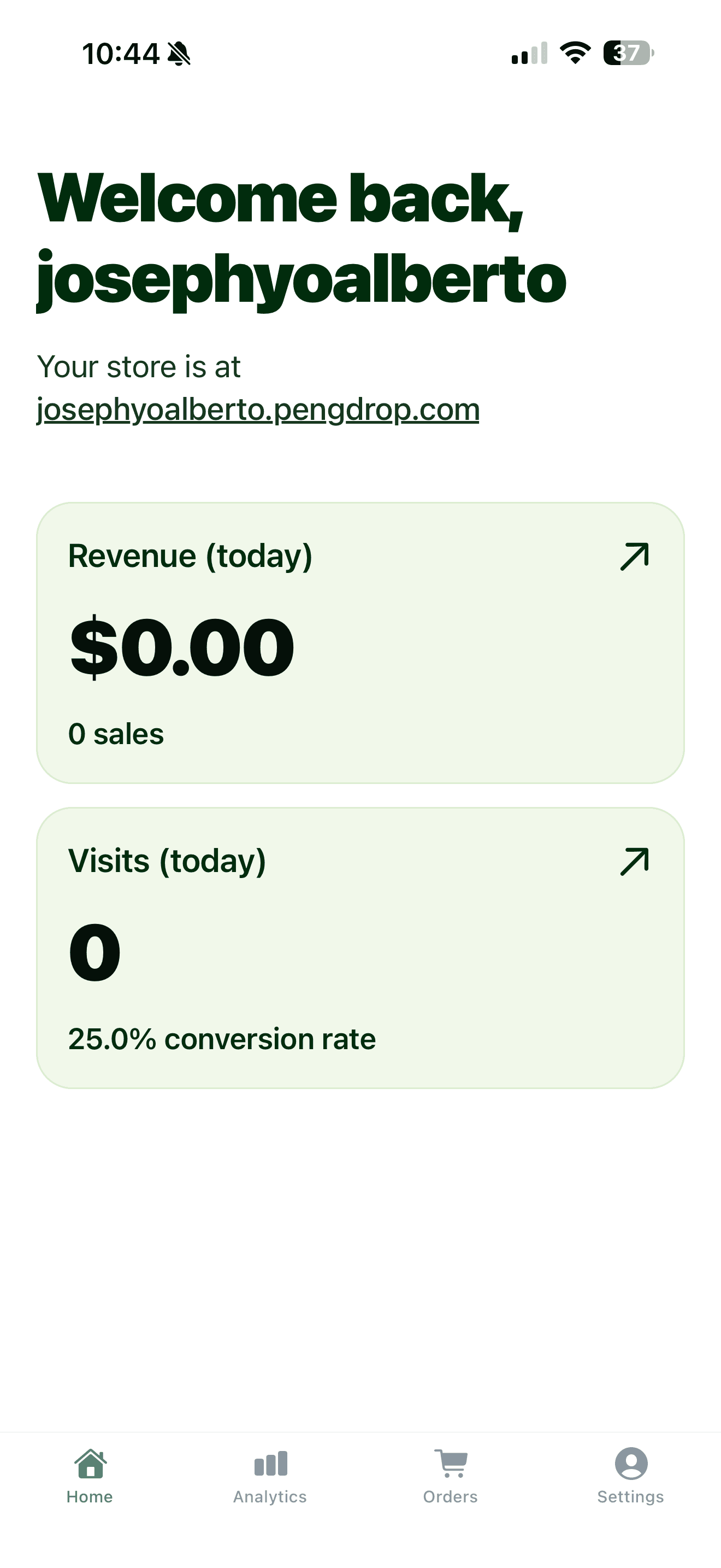 PengDrop Seller app home dashboard showing today’s revenue and store visits