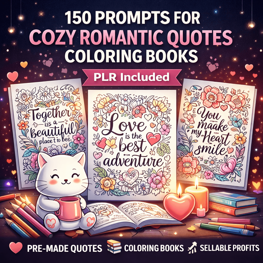 150 prompt for cozy romantic quotes coloring books(PLR) 150 prompt for cozy romantic quotes coloring books(PLR) - Digital product available for instant download from Sonhira