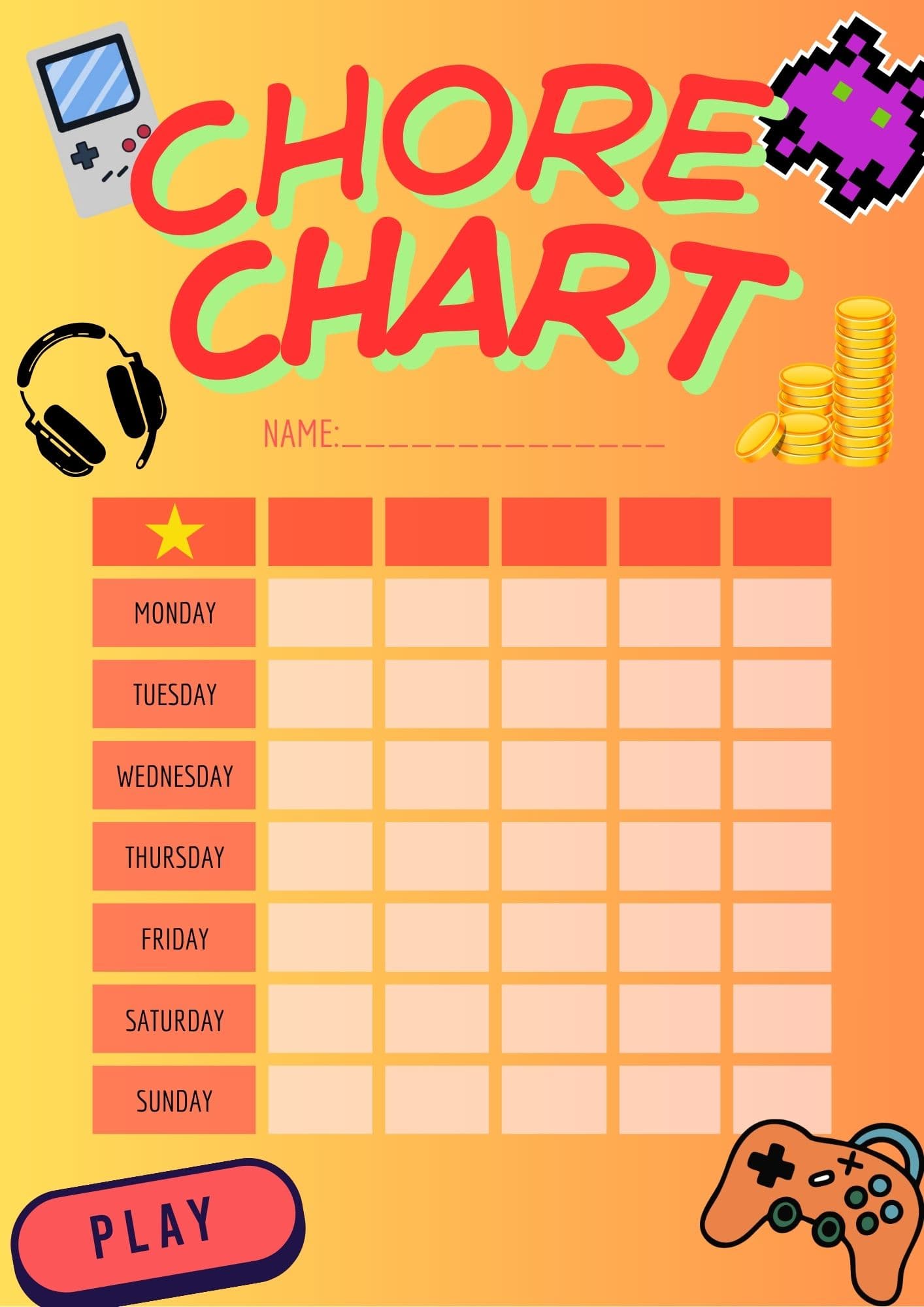 Weekly Chore Chart - gaming Weekly Chore Chart - gaming - Digital product available for instant download from Maze Supplies